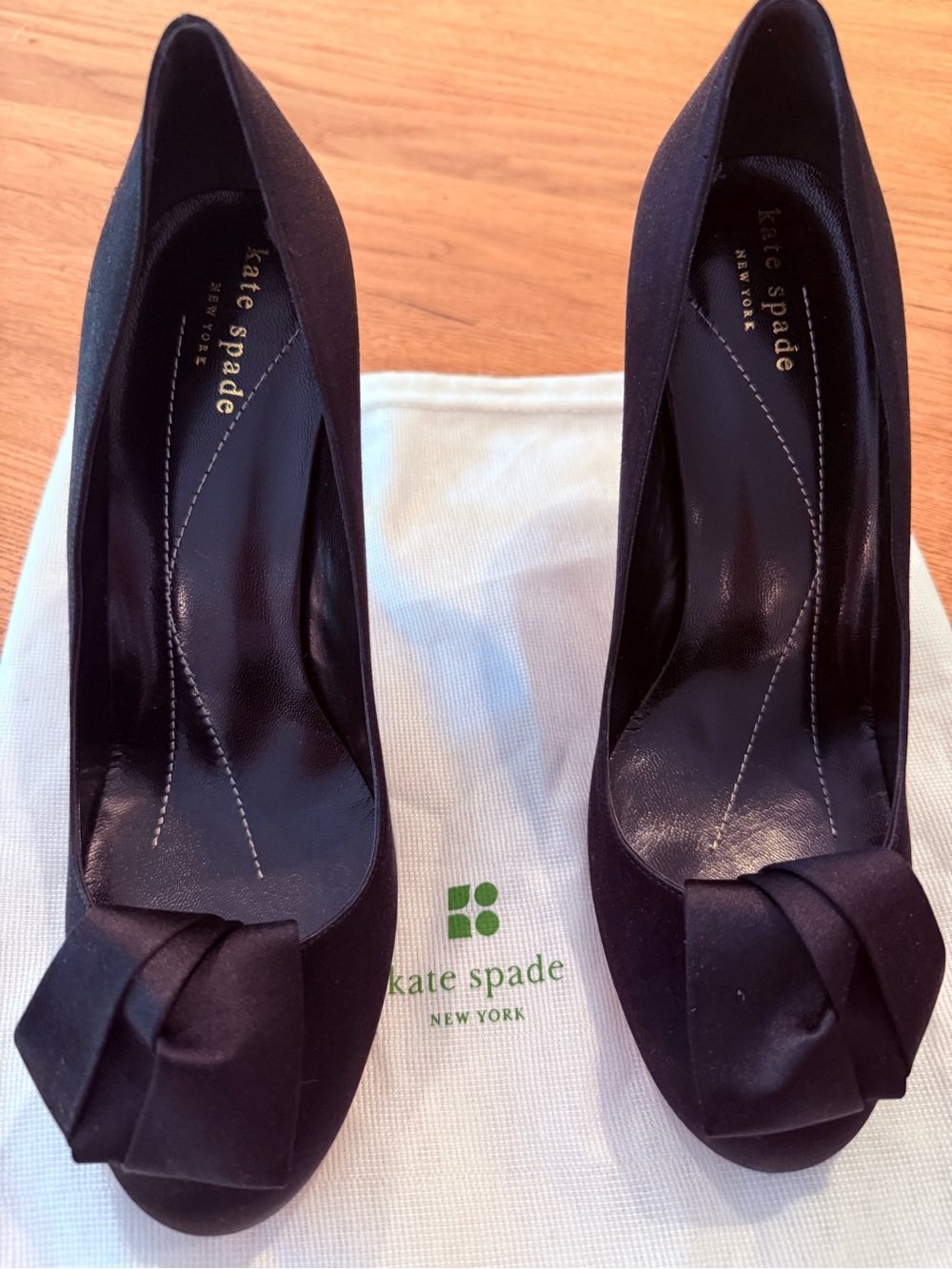 kate spade Keeden Black Satin Pumps with Front Knot